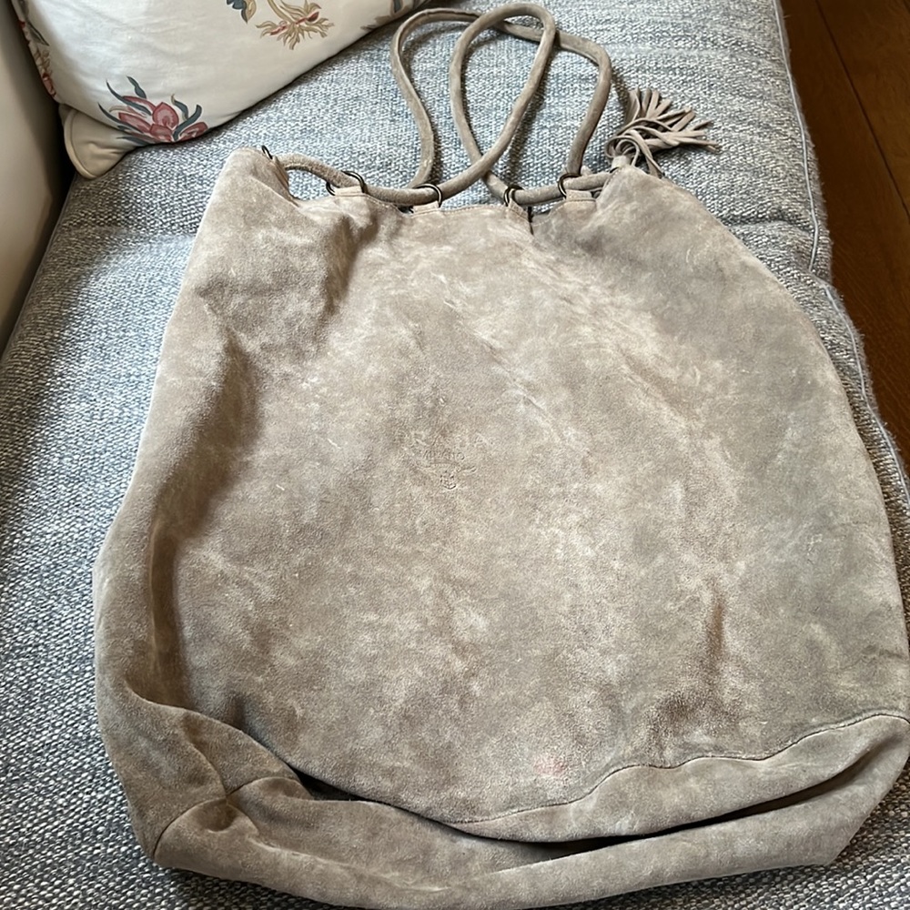 Vintage Prada Suede Drawstring Bucket Bag Tote Taupe